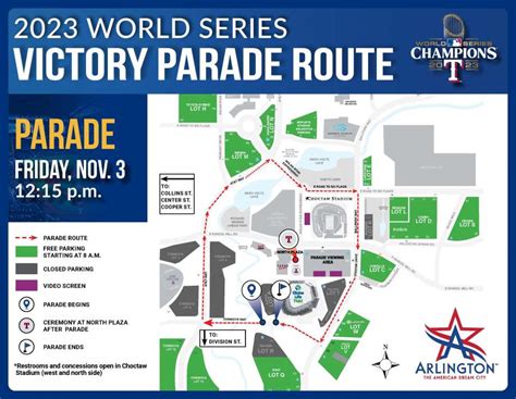 Nov 3, 2023 · The Texas Rangers hoist the Commissioner's Trophy at the ceremony following the World Series Victory Parade Friday, Nov. 3, 2023, in Arlington, Texas. (Elias Valverde II) 3:00 p.m. — Rangers ... 